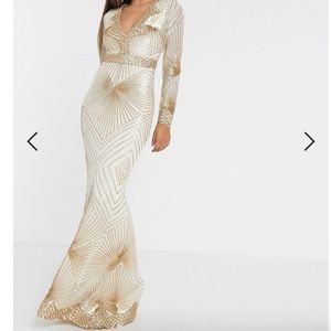 Goddiva seqiun maxi dress in white and gold